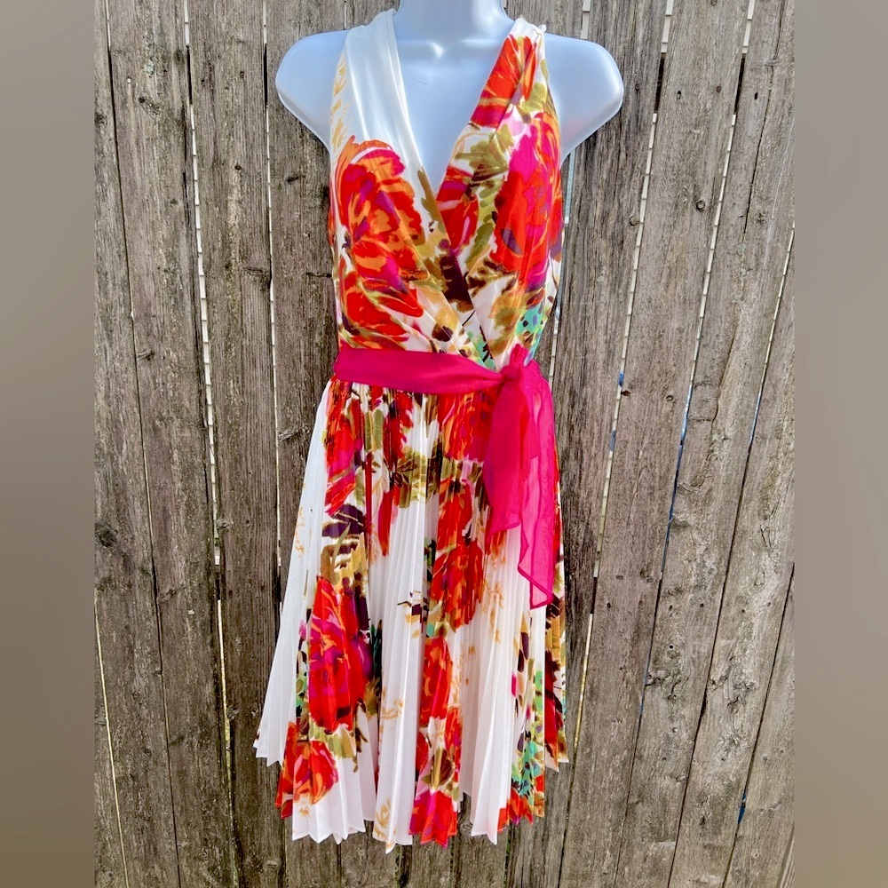 Eliza J White Floral Pleated Wrap Dress with Pink Sash